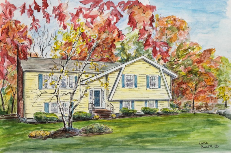 yellow house in fall painting